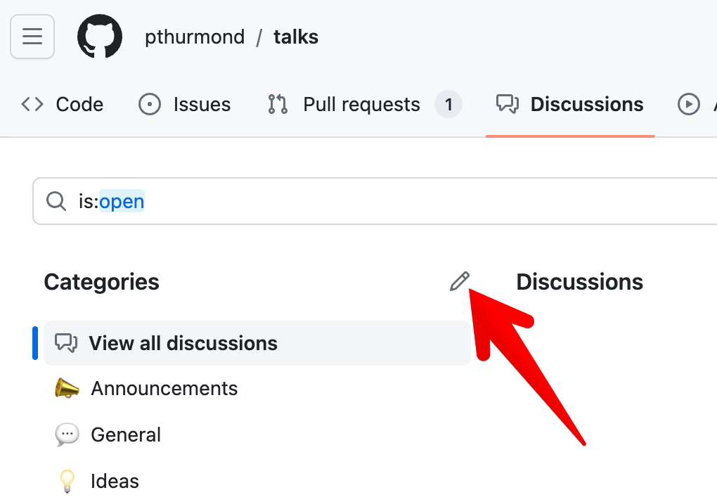 Click the "Discussions" Categories pencil icon